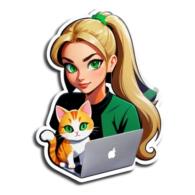 Blonde woman ponytail green eyes with cat and MacBook sticker