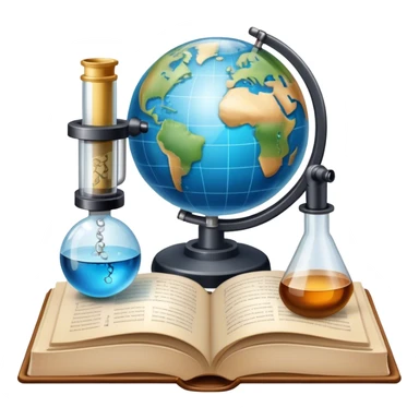 Icon for Scientific and Educational Reading: an open book with mathematical formulas, a microscope, a test tube, and a globe. The icon should represent the curiosity and knowledge found in scientific and academic books. Transparent background. sticker