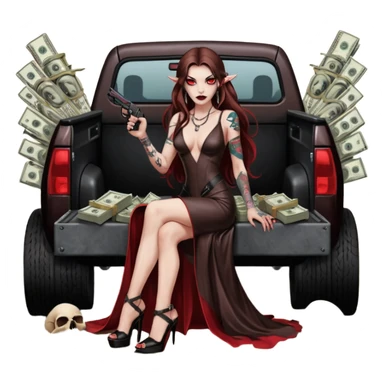 Lilith symbol red eye seductress evil long brown haired sexy succubus woman with leather long dress with slit, sitting in Big Large F350 pickup truck. Black Platform high heels on feet. Tattoo sleeve arms, seat full of stacks of cash, and a man dead human skull of her enemies and a gun in other hand sticker