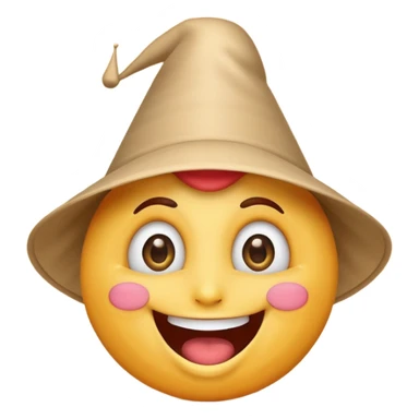 A crazy, laughing emoji with a funnel hat on its head. Exaggerated wide smile, big expressive eyes, playful and silly expression. Cartoon style, clean lines, bright colors, simple background, emoji-style illustration, high quality, centered composition sticker