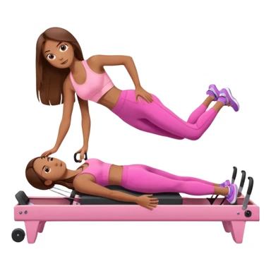 girl doing a plank on a pilates reformer in a pink workout set with long brown hair sticker