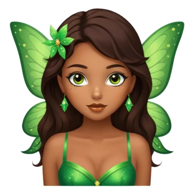 Pretty girl with caramel skin. Dark brown hair and brown eyes. She has freckles. Wearing sexy makeup. Wearing a green fairy costume and heels sticker
