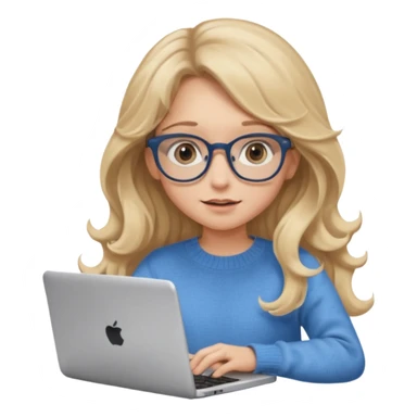 blonde girl with long dark blonde wavy hair, blue big eyes, pantos-style glasses, a brown colored sweater, sitting and looking in laptop, soft pastel, upper body shot sticker