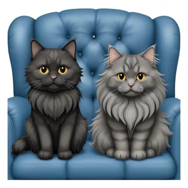 A large black smoke Maine Coon cat with long grey ear tufts and a fluffy grey ruff, sitting next to a chubby British Shorthair cat in blue color with plush fur, both sitting comfortably on a leather sofa. Beautiful room background with flowers and soft lighting. Transparent background. sticker