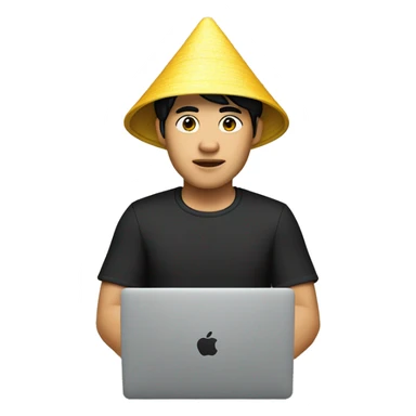 A memoji-style Vietnam man with yellow skin sitting at a desk. He has black hair and is wearing a traditional Vietnamese conical hat and a black shirt. In front of him is a laptop like macbook with a logo styled as '</>' on the back sticker