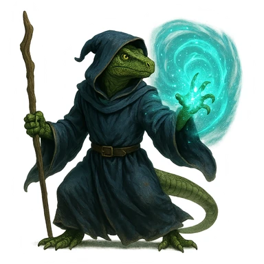 lizard man wizard, casting a spell, robe, mystical energy sticker