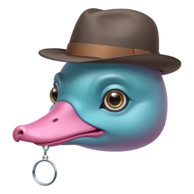 cute light blue turqiouse platypus head, mysterious with very big eyes with a detective hat and monocle on his eye, no  hands, looks like a platypus but blue, the hat and suit are pink sticker