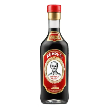 clear bottle of rumpleminze clear peppermint schnapps alcohol with a black label that has a red border and red font and the label also has a small gold eagle on the label that says “rumples” sticker