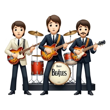 Rock music icon: The Beatles performing live on stage. John Lennon with guitar, Paul McCartney with bass, George Harrison with guitar, Ringo Starr on drums. Bright lights, energetic performance. Transparent background. sticker
