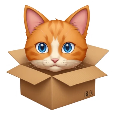 anime character cat that is orange cat, that its body is inside of a simple brown box. cats eyes are blue , but head is showing up. show half the box sticker
