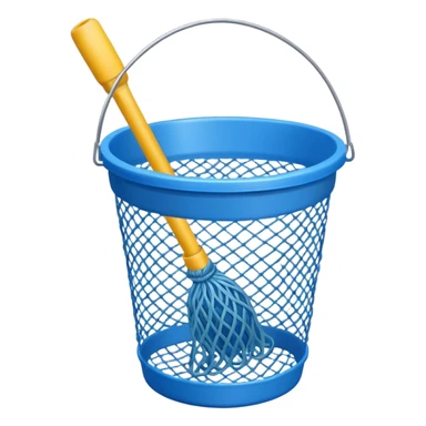 A small bucket with a fishing net leaning against it.
 sticker