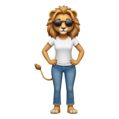 friendly anthropomorphised female lion character, full body, standing confidently with legs shoulder width apart and hands on hips, wearing jeans, a white t-shirt, and dark sunglasses, with a confident smile sticker