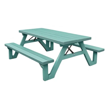 simple rectangular picnic table with attached benches, soft teal color, white end caps on table and benches, all legs straight, small wheels underneath, flat wood-style silhouette, muted teal tone, clean geometry, minimal shading sticker