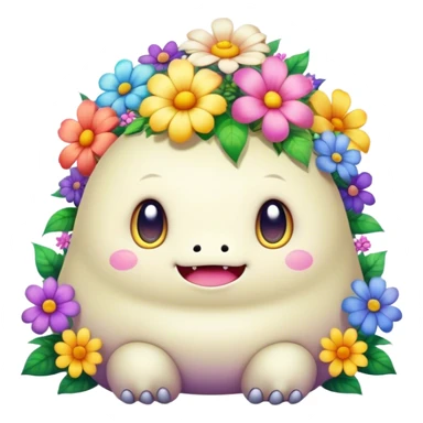 Kawaii derpy fat rainbow monster surrounded by magical flowers, rich textures, visually rich, so lifelike that it feels like it could leap off the page at any moment sticker