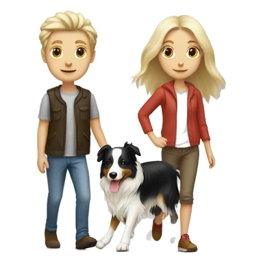 Blond white couple (long hair girl) walking tricolor border collie sticker