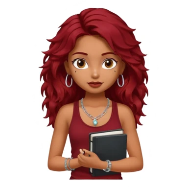 a pretty tan indian bratz girl with messy dark wavyred hair, wearing a dark red tank top, layered silver necklaces. Carrying multiple sketchbooks sticker