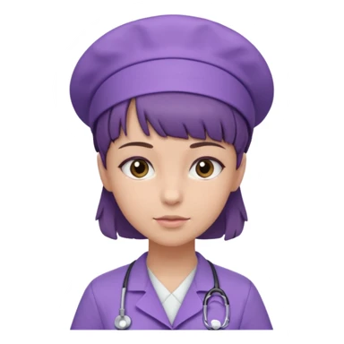 A young female slim nurse with short Brown hair with fringe over her forehead, wearing larvendar purple working cloth only no cap on her hair sticker