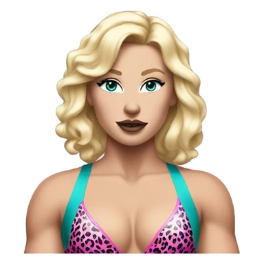 Tall blonde Caucasian muscular woman wrestler with teal eye shadow and big lips wearing a pink leopard print leotard blowing a kiss sticker