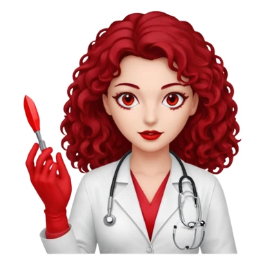 Lilith scalpel in hand, evil surgeon red outfit.  She has red eyes. She has dark brown long curly hair. Wears sexy doctor outfit with red gloves sticker