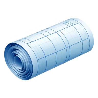 blue blueprint plan with white lines, one slightly rolled up corner, side view sticker