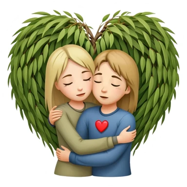 heart-shaped weeping willow tree surrounding two friends hugging in a comforting way, supportive embrace, with small heart symbol sticker