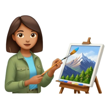 Female artist painting a beautiful mountain peak destination on canvas sticker