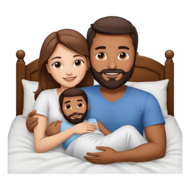 brown man cuddling white brunette woman in bed  sticker