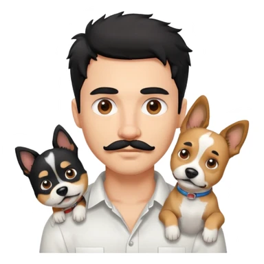 Light ski Young man, messy black hair, moustache, white shirt, dog sticker