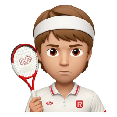A 3D cartoon-style illustration of a male tennis player resembling Andrey Rublev. He is wearing a white tennis shirt with a small logo, a white wristband, and holding a red and white tennis racket. His expression is serious and focused. He has short brown hair and a headband with a small red logo. The style is similar to an Apple emoji or Memoji character – clean, high-quality, slightly exaggerated facial features, and polished rendering. White background.
 sticker
