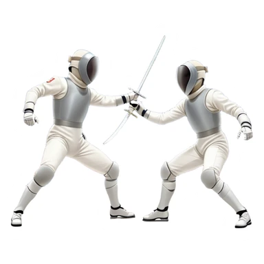 Two fencers in full protective gear and masks duel on a professional piste, swords clashing mid-air. Dynamic lunges and defensive stances highlight the intensity of the sport. The background features a stylized fencing arena with bright lights. Transparent background sticker
