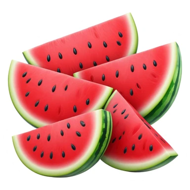 Cinematic juicy watermelon, thick slices revealing vibrant red interior, glossy and glistening with tiny black seeds, fresh and refreshing, soft glowing background, summer vibes. sticker