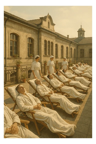 A realistic, historical cinematic illustration of a hospital rooftop solarium from the early 1900s, with patients in white robes and blankets lying on lounge chairs under the sun, receiving heliotherapy. Nurses in classic white uniforms and caps assist quietly, while the warm sunlight bathes the scene. The architecture is vintage, with iron railings, potted plants, and the backdrop of an old European hospital building. The atmosphere is calm and healing, showing patients with tuberculosis, rickets, and malnutrition benefiting from the sun’s rays to stimulate vitamin D production. The color palette is warm, with soft yellows and gentle sunlight, evoking a sense of hope and natural healing, reminiscent of historical black-and-white photographs with subtle colorization for realism sticker