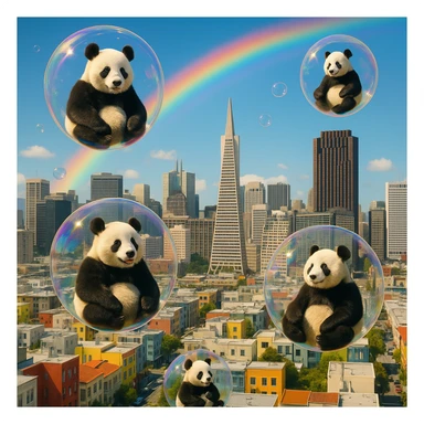 Cinematic still pandas bears sitting inside bubbles flying around San Francisco downtown, sunny summer day, happy vibe, colorfull surround, rainbow sticker