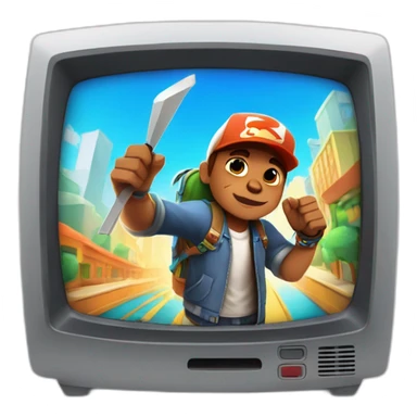Zach psycho pebbles holding a Needle hooked up to television playing subway surfers sticker