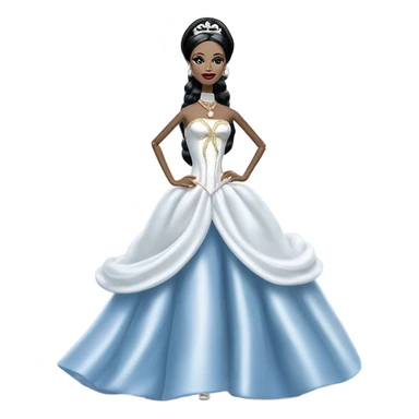 Tall realistic face teen Morticia Addams in as Princess Leia Barbie in ruffled pearl-white and blue ballet ball gown with gold accents and accessories  sticker