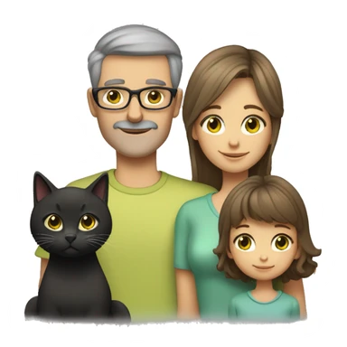 family: mum (has bronde medium-length hair, tan skin, green eyes), dad (has light brown hair, glasses, grey eyes, fair skin), adult daughter (has hazel eyes, very pale skin, brown/black long hair with full bangs) + 2 black cats with yellow eyes sticker