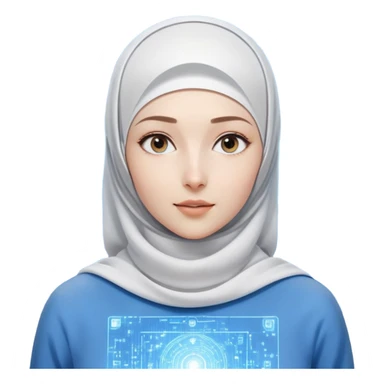 girl with white hijab in blue clothes, surrounded by screens displaying advanced holographic projections, quantum computing visuals, neural networks, futuristic UI elements, flowing digital code sticker