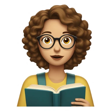 Girl with brown wavy hair, wears glasses and reads a book with question mark bubble on her head sticker