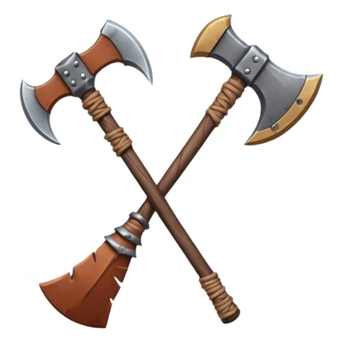 barbarian axe object icon, huge double-bladed axe, rough metal, wooden handle, leather wraps, fantasy style, 3D cartoon, mobile game icon style, centered, clean background, soft shadow, no text, no watermark
 sticker