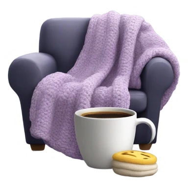 Design an inviting emoji of a chunky knit blanket folded on a comfy chair, with a cup of coffee nearby, evoking a cozy home setting.light purple sticker