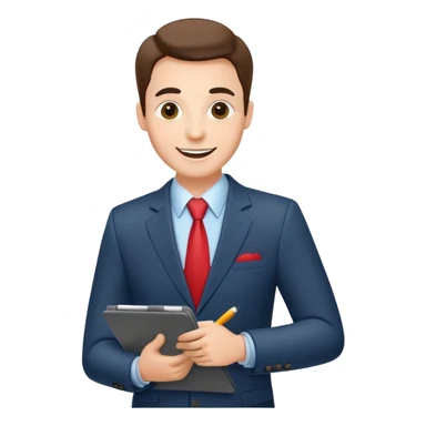 car salesman with a clipboard, cheerful expression, suit sticker