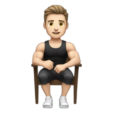 Pale skinned Fit Man With the biceps and dark brown hair in black shirt, gray sports shorts and white Sneakers Sitting on a chair sticker