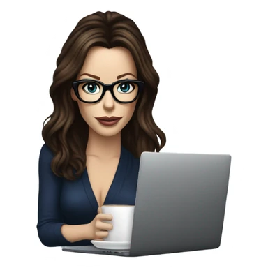 Hyper Realistic Kate Beckinsale dark blue eyes wearing glasses drinking coffee at a laptop  sticker