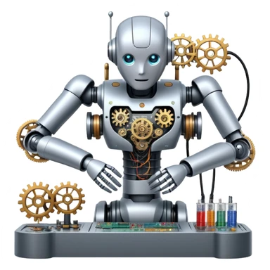 An icon featuring a humanoid robot assembling parts with robotic arms, surrounded by gears, circuit boards, and sensors, symbolizing robotics. The design includes a control panel and AI interface, representing automation, engineering, and innovation. Transparent background. sticker