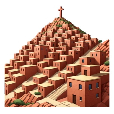 Urban Peruvian hillside neighborhood, brick houses stacked on steep hills of the desert, unfinished red brick buildings,, narrow stairways, electric cables crossing the sky, sunset lighting, realistic style, cinematic, high detail in the desert, cross monument at the top sticker