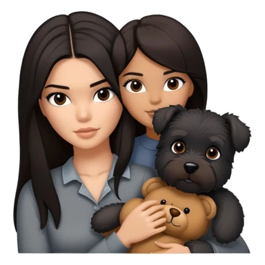 Kendall Jenner with long dark hair, holds a brown teddy bear and a black schnauzer sticker