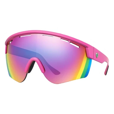 sporty pink shield visor sunglasses with extra thick frame with metallic accents, robust construction, substantial build, one-piece rainbow reflective lens sticker