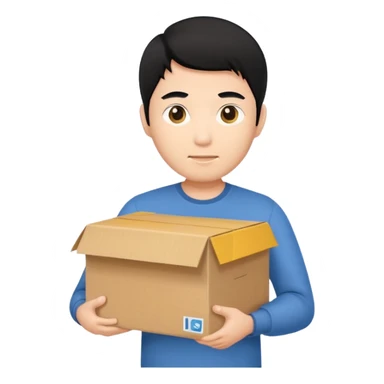 black haired asian man holding cardboard box sticker