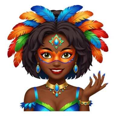 i need the same girl in "dark skin girl, dark red lipstick, nails very beautiful" to be smiling in "carnival mas costume, blue, green and orange preferably, full costume feathers at the back" she is to be smiling, hair should be dark and in a bob  sticker