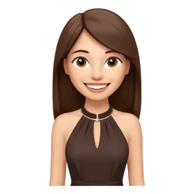 emoji-style illustration of a stylish pretty big smile woman with long straight brown hair, wearing a dark halter neck dress, elegant and minimalistic look, front-facing, soft 3D cartoon rendering, plain background sticker